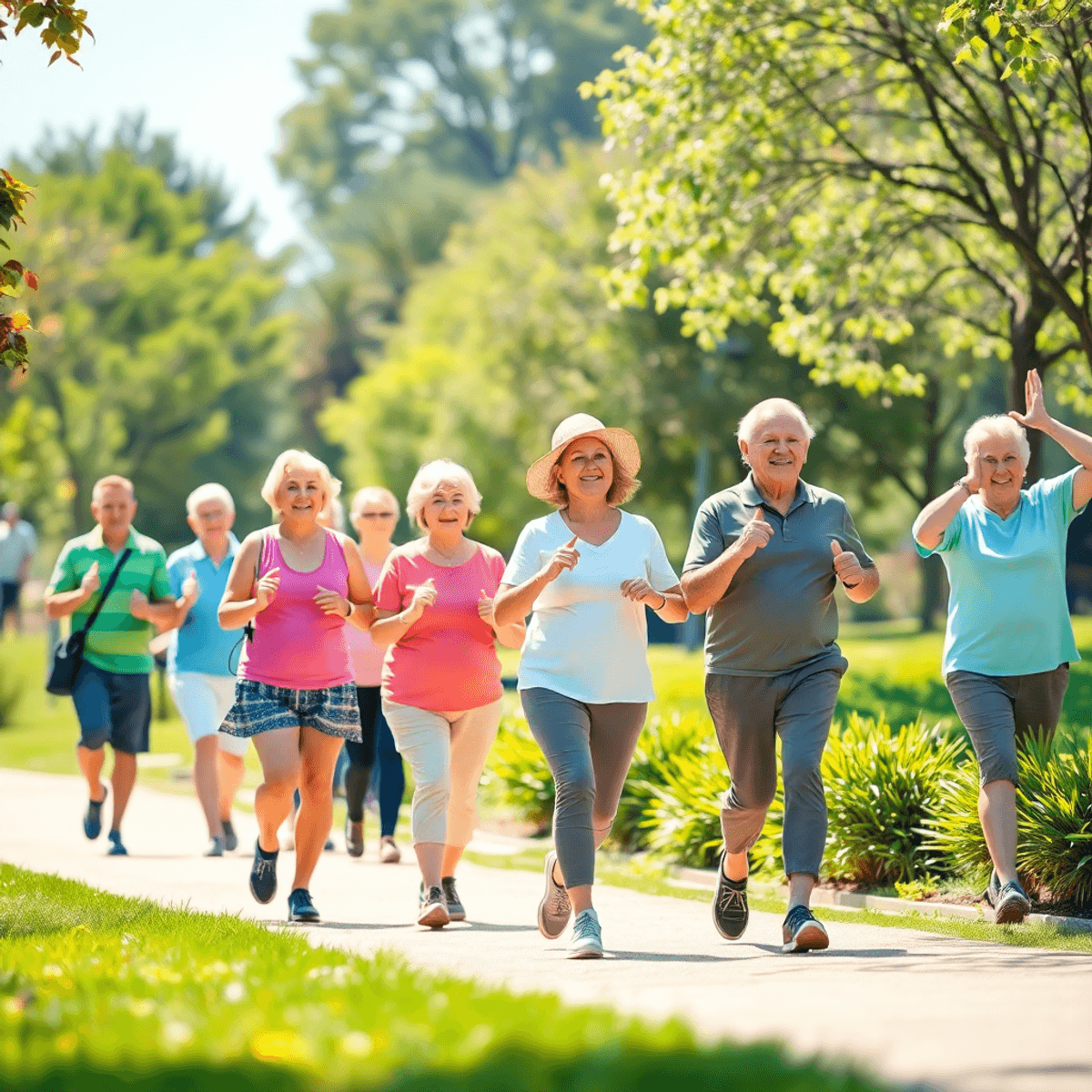 Active older adults enjoying walking and yoga in a sunny, green park, symbolizing health and vitality.