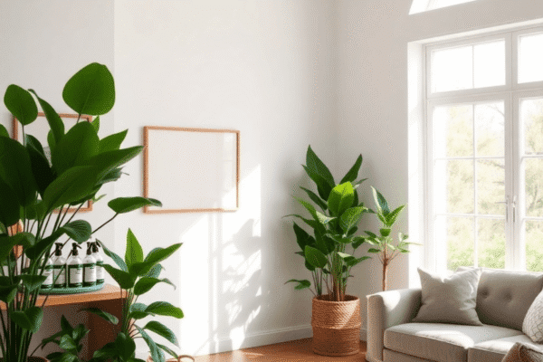 Non-Toxic Home Essentials: Creating a Wellness Sanctuary at Home Bright living room with natural light, green plants, eco-friendly furnishings, and non-toxic cleaning products on a shelf, symbolizing a healthy home.