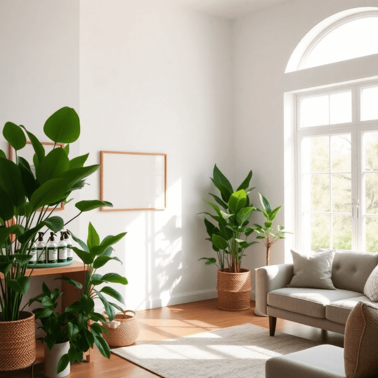 Bright living room with natural light, green plants, eco-friendly furnishings, and non-toxic cleaning products on a shelf, symbolizing a healthy home.