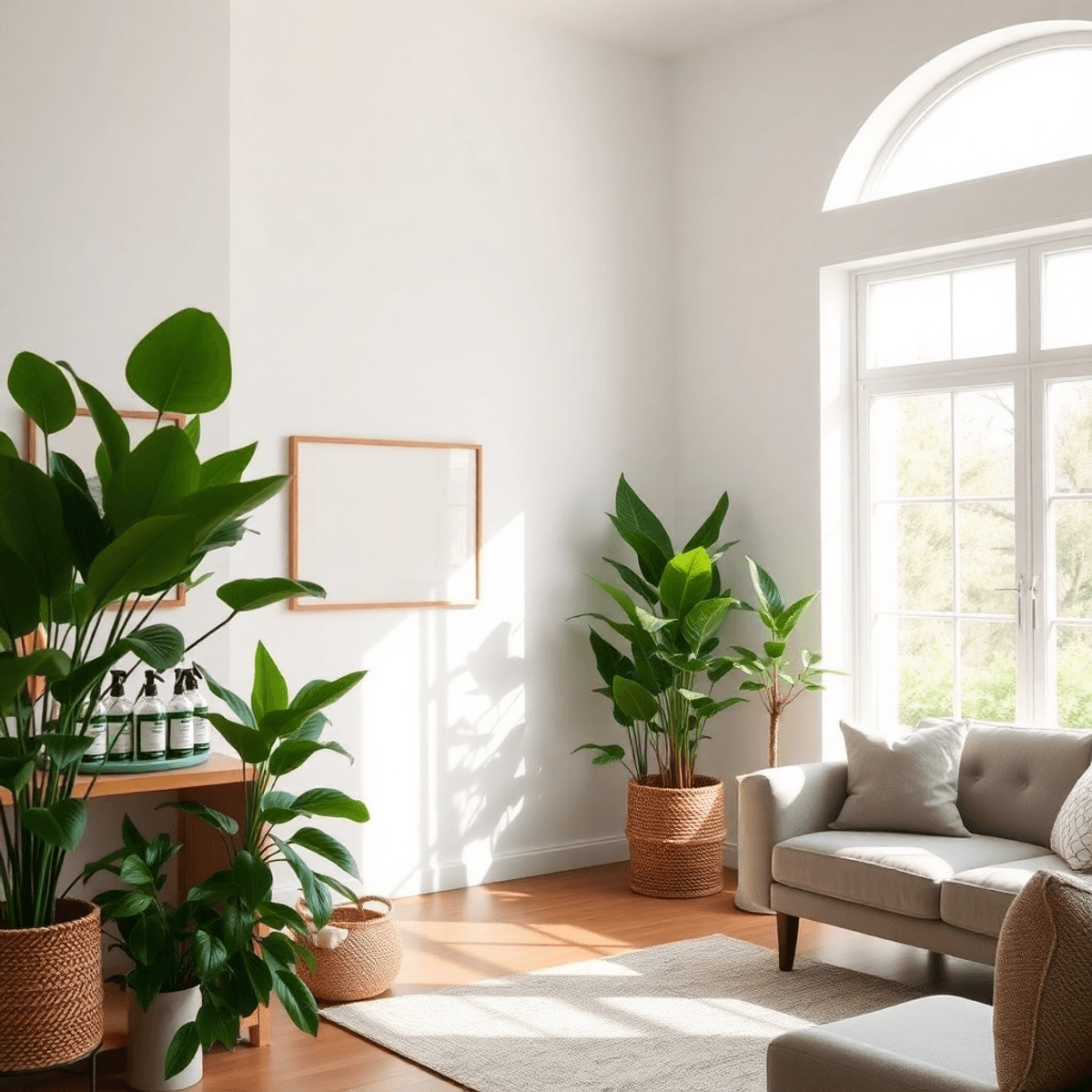 Bright living room with natural light, green plants, eco-friendly furnishings, and non-toxic cleaning products on a shelf, symbolizing a healthy home.