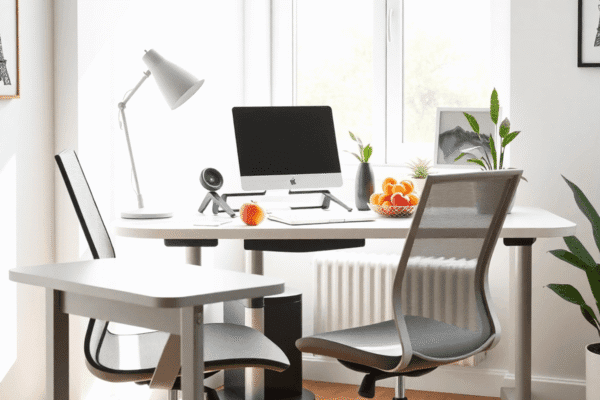 Desk Ergonomics for Remote Workers: Preventing Pain and Promoting Energy Naturally Bright modern home office with ergonomic desk, comfortable chair, laptop on adjustable stand, natural light, and healthy fruits on the desk.