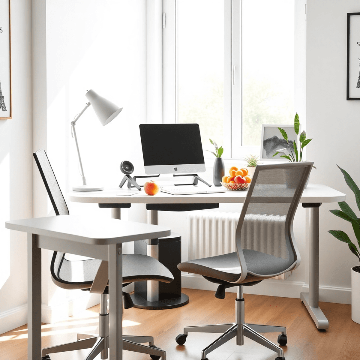 Bright modern home office with ergonomic desk, comfortable chair, laptop on adjustable stand, natural light, and healthy fruits on the desk.