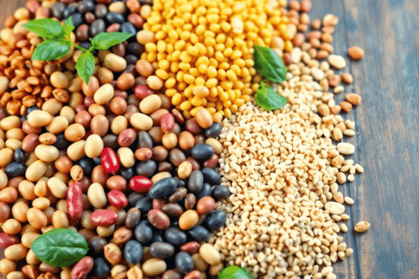 Plant-Based Proteins: Meeting Nutritional Needs on a Vegan or Vegetarian Diet Colorful array of plant-based proteins like beans, lentils, nuts, seeds, and grains displayed on a wooden table showcasing their natural textures.