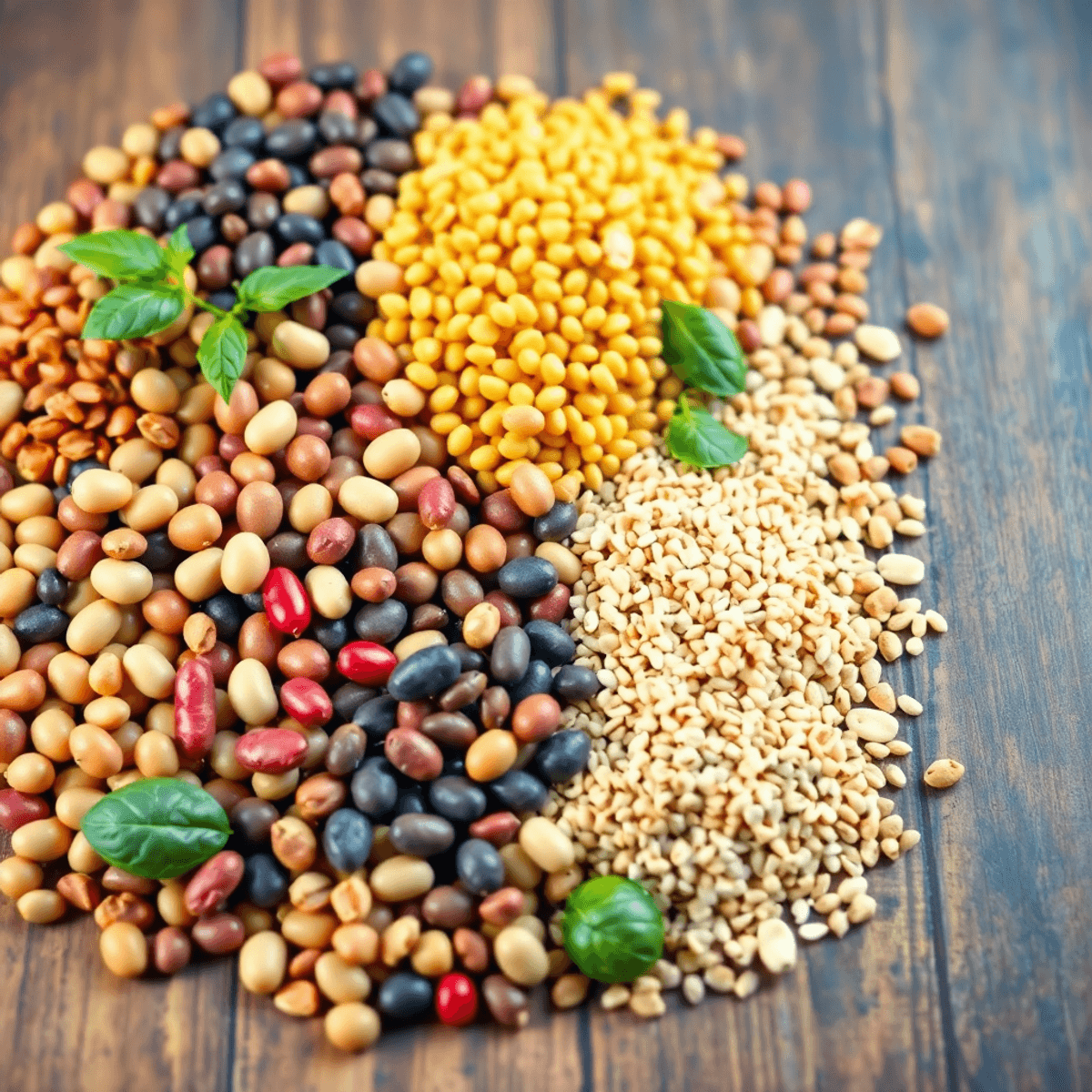 Colorful array of plant-based proteins like beans, lentils, nuts, seeds, and grains displayed on a wooden table showcasing their natural textures.