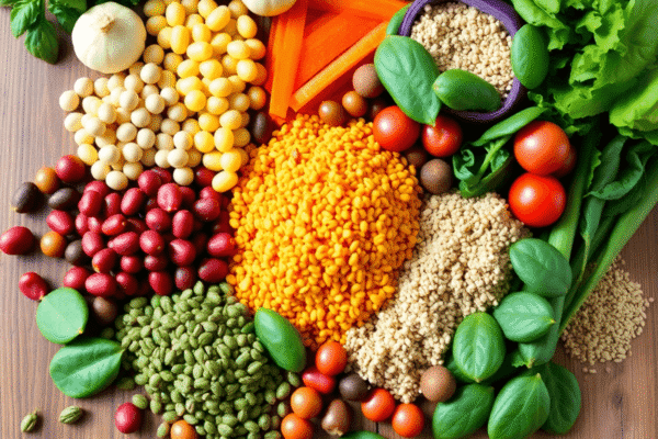 Plant-Based Protein Sources for Active Adults Colorful assortment of plant-based protein foods like legumes, quinoa, hemp seeds, and vegetables arranged on a wooden table.