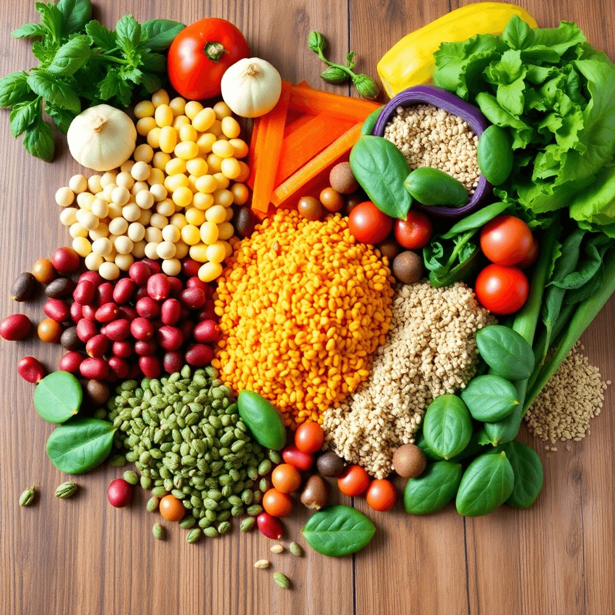 Colorful assortment of plant-based protein foods like legumes, quinoa, hemp seeds, and vegetables arranged on a wooden table.