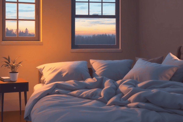 Creating a Restorative Evening Routine for Deeper Sleep Cozy bedroom at dusk with soft warm light, a comfortable bed, bedside table with plant and book, and a window showing a peaceful evening sky.