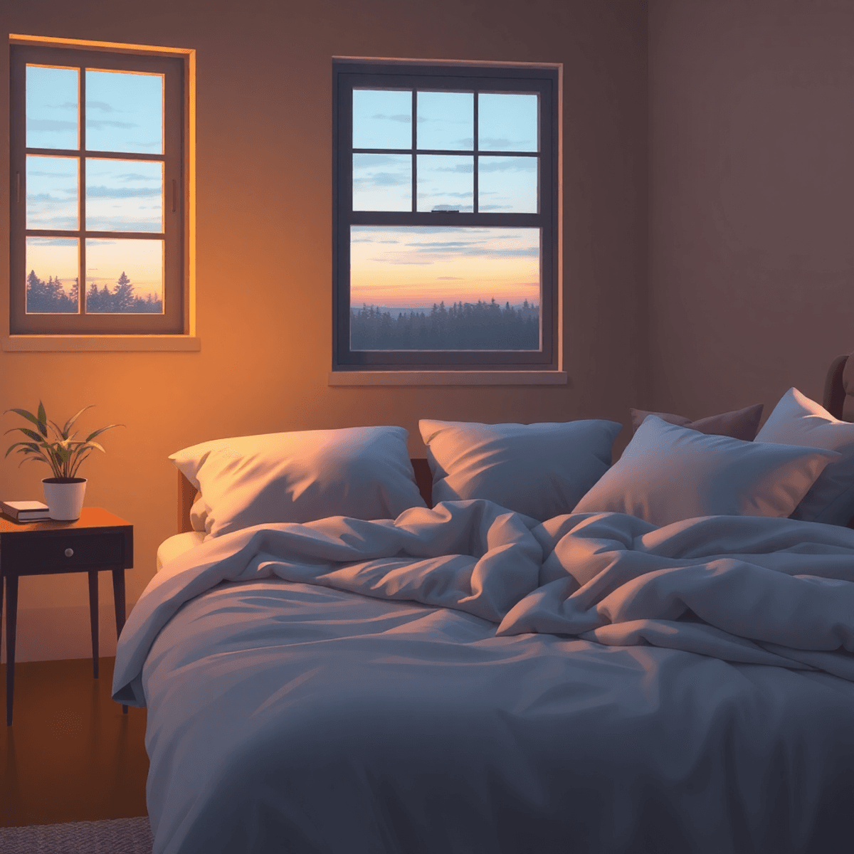 Cozy bedroom at dusk with soft warm light, a comfortable bed, bedside table with plant and book, and a window showing a peaceful evening sky.