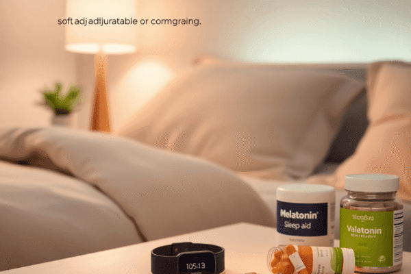 Biohacking Sleep: Innovative Tools and Natural Solutions for Restful Nights Cozy bedroom with adjustable smart lighting, a sleek sleep tracker on the bedside table, and natural sleep supplements arranged neatly for restful ...