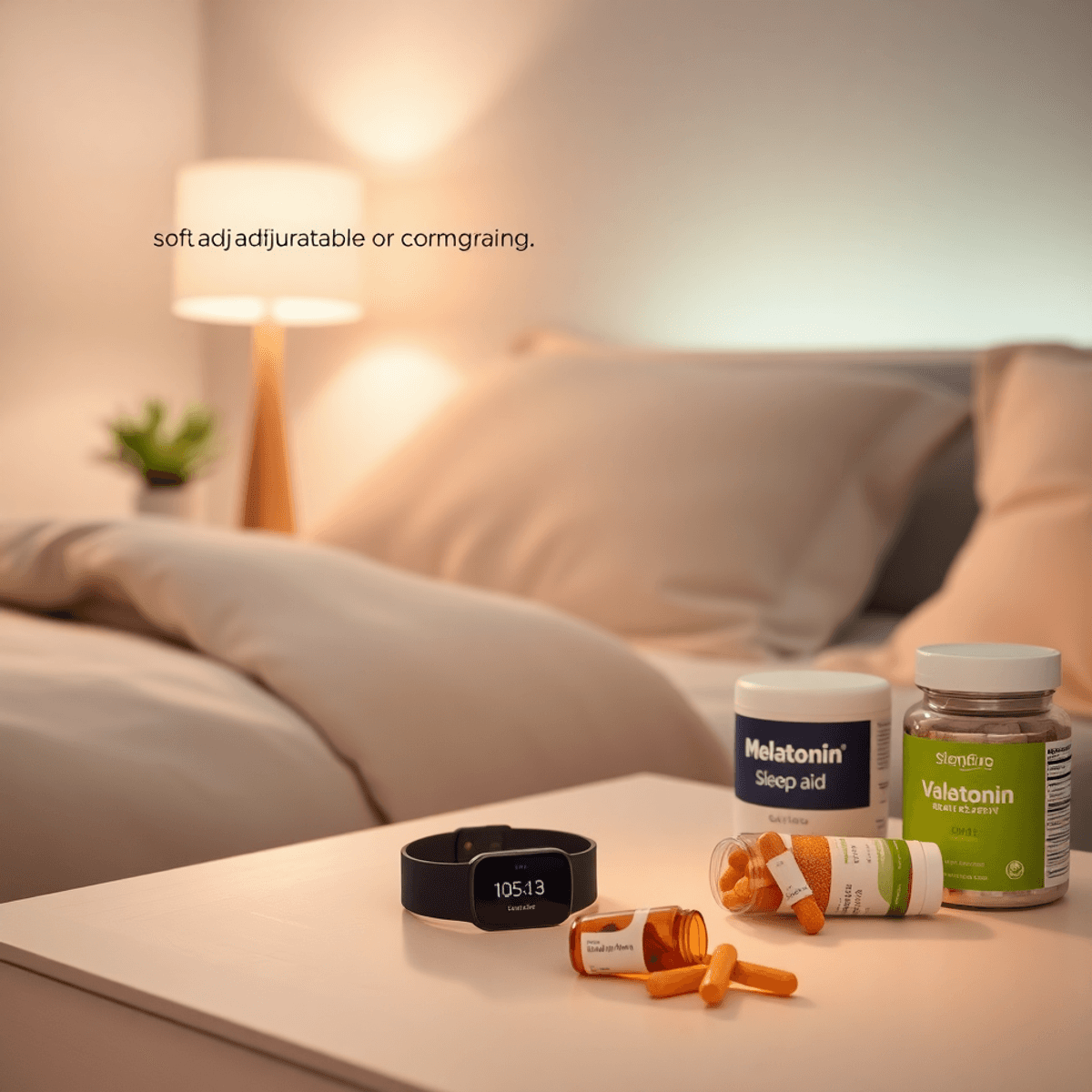 Cozy bedroom with adjustable smart lighting, a sleek sleep tracker on the bedside table, and natural sleep supplements arranged neatly for restful ...