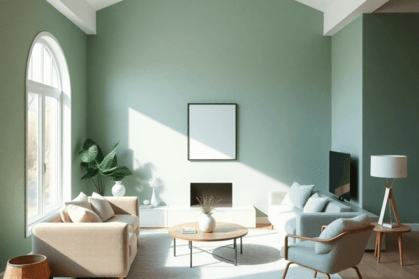 How Color Psychology Influences Mood and Wellness at Home Cozy modern living room with sage green and soft blue walls, natural light streaming through windows, creating a relaxing and wellness-focused atmo...