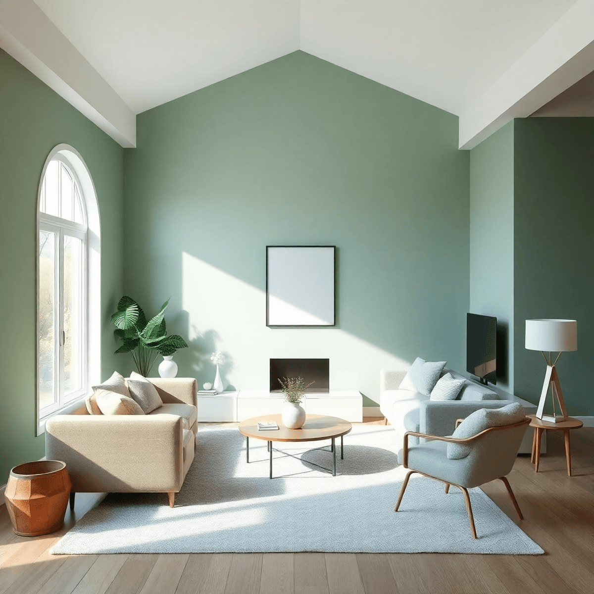 Cozy modern living room with sage green and soft blue walls, natural light streaming through windows, creating a relaxing and wellness-focused atmo...