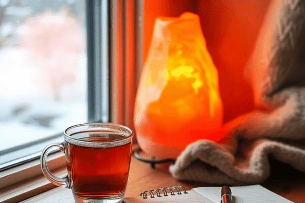Holistic Strategies to Combat Seasonal Affective Disorder (SAD) Cozy winter room with soft light, a cup of herbal tea, glowing salt lamp, and journal with pen, creating a warm, inviting self-care atmosphere.
