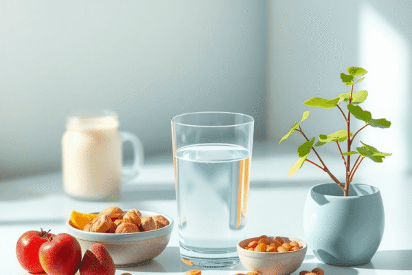 Signs of Burnout vs. Depression: Key Differences You Should Know Cozy workspace with a glass of water, healthy snacks, and a small plant, symbolizing hydration, nutrition, and self-care for mental health recovery.