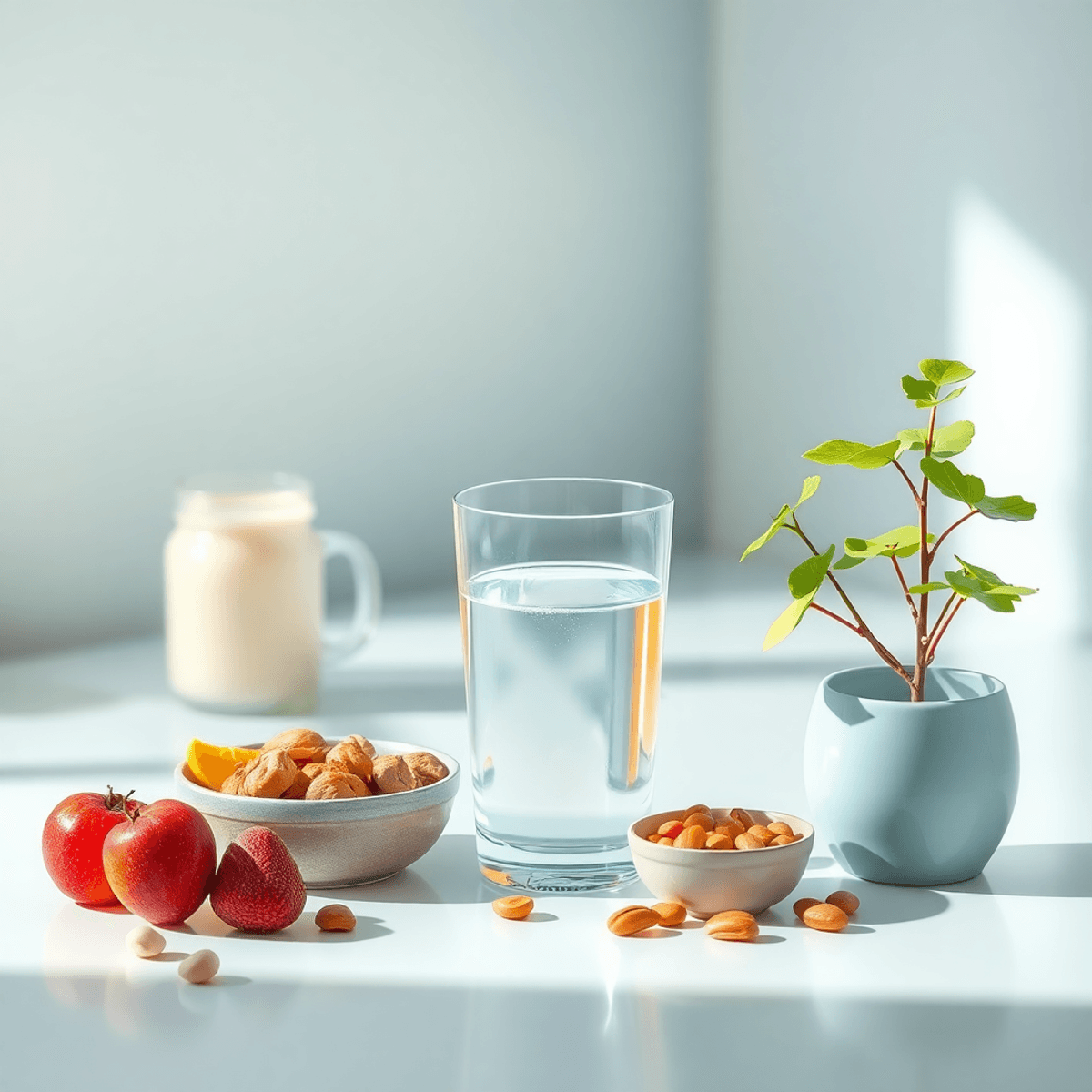 Cozy workspace with a glass of water, healthy snacks, and a small plant, symbolizing hydration, nutrition, and self-care for mental health recovery.