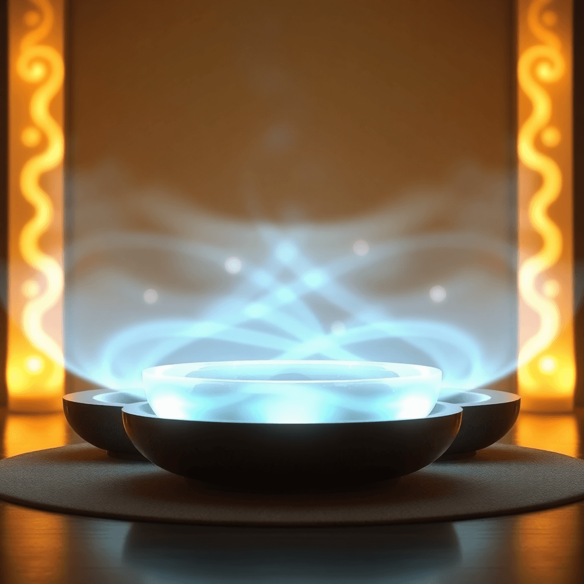 Crystal singing bowls glowing softly with light waves symbolizing sound vibrations in a tranquil spa setting, evoking calmness and healing energy.