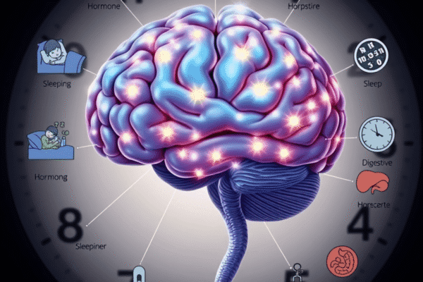 Understanding Circadian Rhythms and Their Impact on Health Detailed illustration of a human brain highlighting the suprachiasmatic nucleus with glowing signals, surrounded by circadian rhythm symbols on a s...