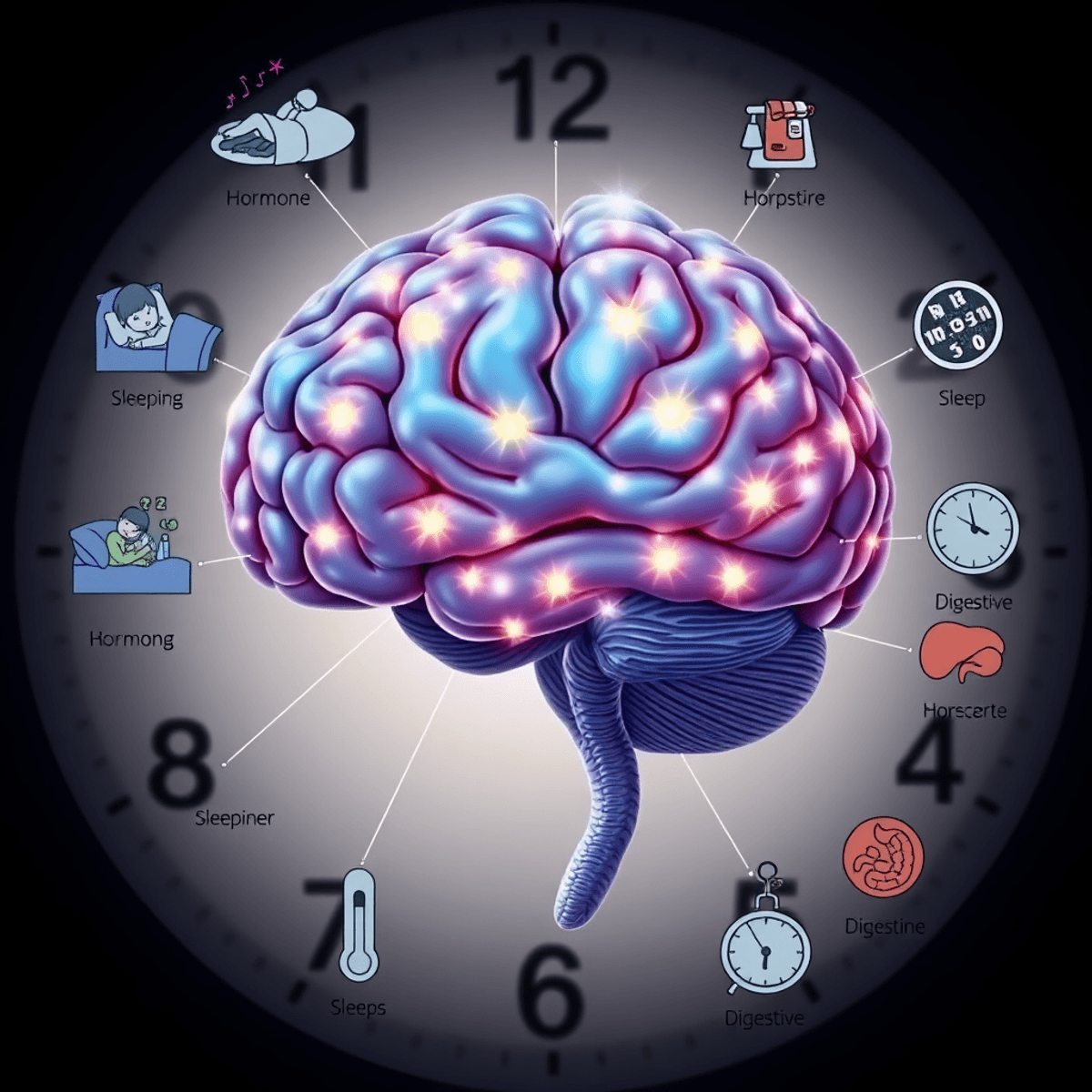 Detailed illustration of a human brain highlighting the suprachiasmatic nucleus with glowing signals, surrounded by circadian rhythm symbols on a s...