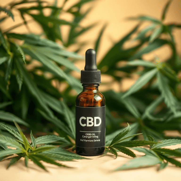 Dropper bottle of CBD oil surrounded by green hemp leaves on a soft, warm background evoking natural healing and wellness.