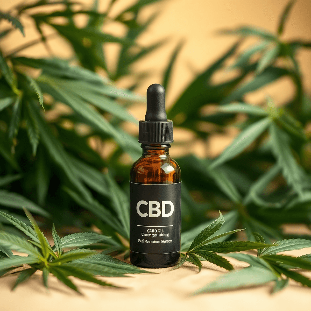 Dropper bottle of CBD oil surrounded by green hemp leaves on a soft, warm background evoking natural healing and wellness.