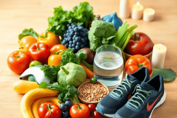 The Anti-Inflammatory Lifestyle: Daily Habits That Reduce Chronic Inflammation Fresh fruits, vegetables, grains on a wooden table with running shoes, water, sleep mask, and candles symbolizing healthy lifestyle habits.