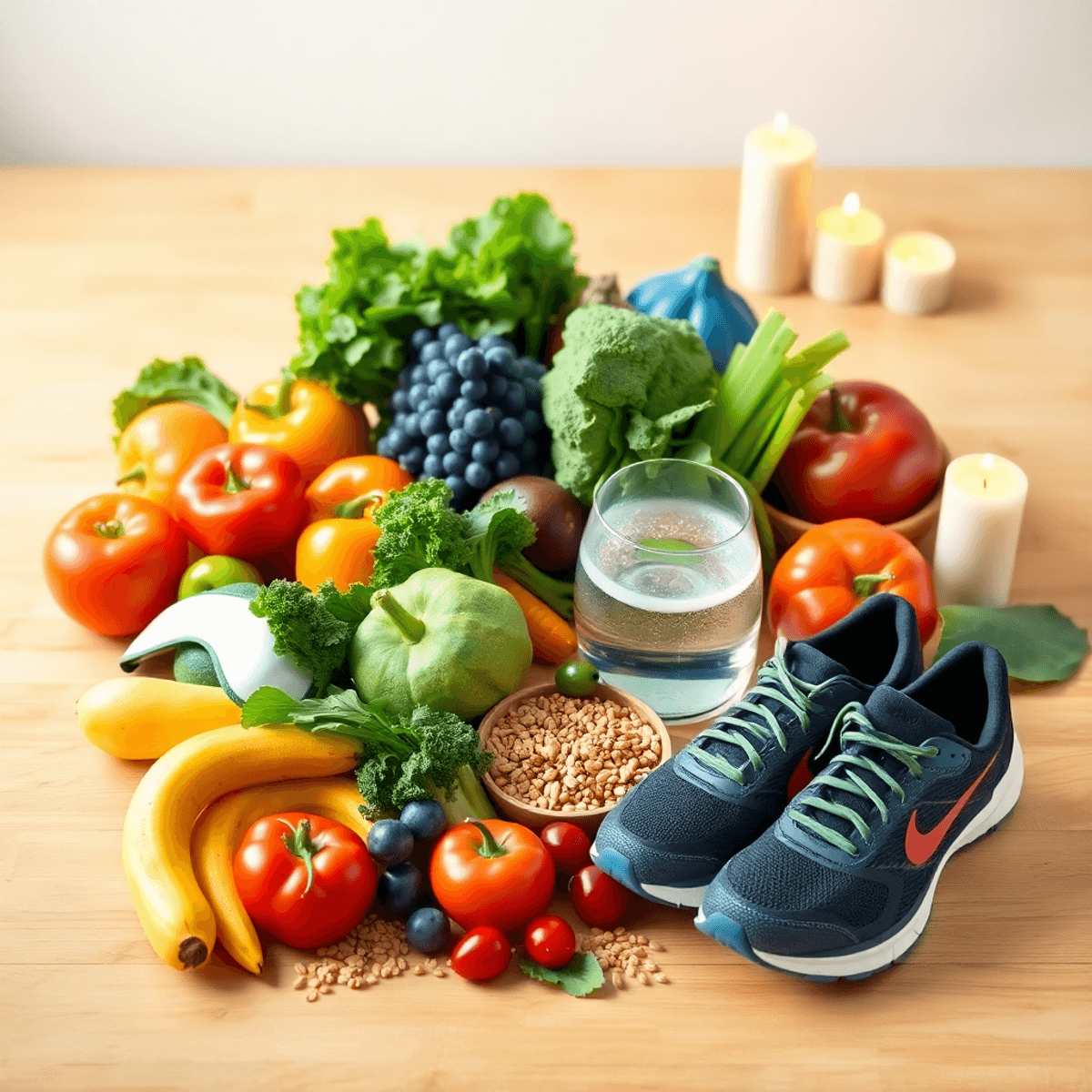 Fresh fruits, vegetables, grains on a wooden table with running shoes, water, sleep mask, and candles symbolizing healthy lifestyle habits.