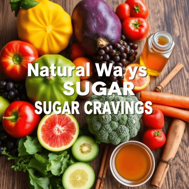 Fresh fruits, vegetables, honey, and cinnamon arranged on a wooden table, symbolizing natural ways to reduce sugar cravings.