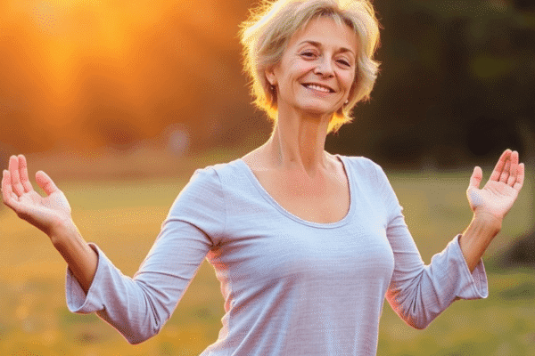 Holistic Approaches to Managing Menopause Symptoms Without Medication Middle-aged woman practicing yoga outdoors at sunrise, surrounded by nature, symbolizing holistic health and wellness during menopause.