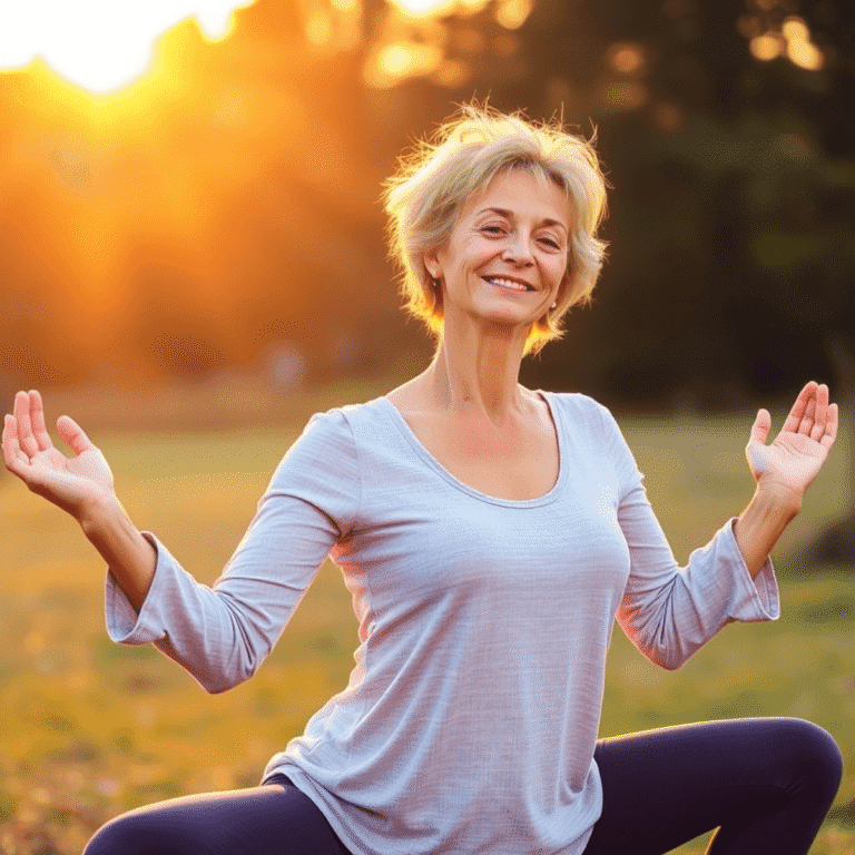 Middle-aged woman practicing yoga outdoors at sunrise, surrounded by nature, symbolizing holistic health and wellness during menopause.