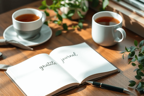 The Science of Gratitude Practices and Their Effects on Physical Health Open gratitude journal on wooden table with pen, cup of tea, and greenery, bathed in soft natural light, evoking mindfulness and calm.
