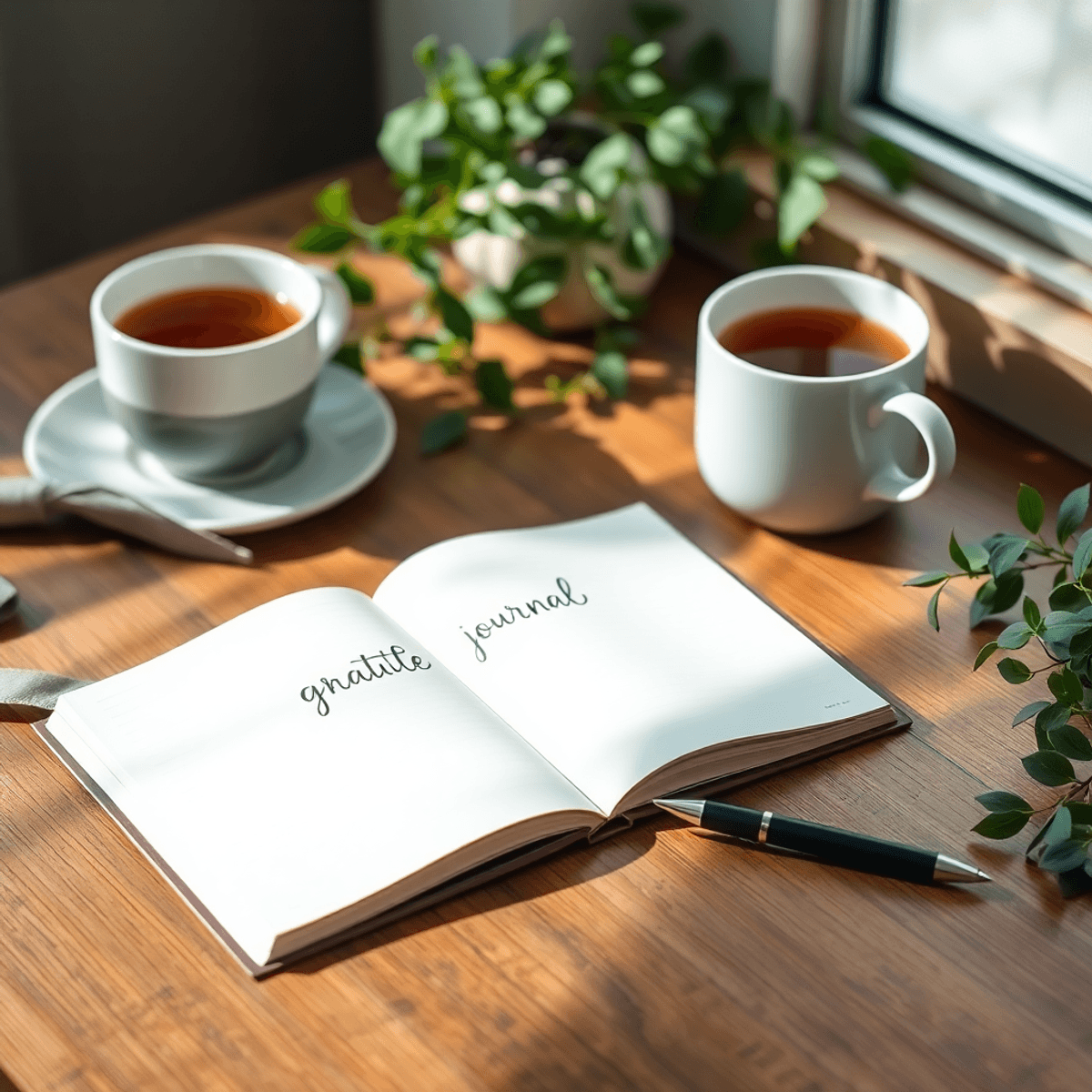 Open gratitude journal on wooden table with pen, cup of tea, and greenery, bathed in soft natural light, evoking mindfulness and calm.