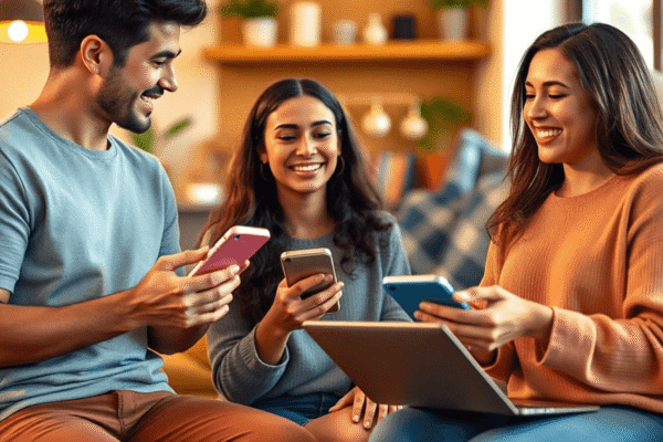 Social Wellness: Building Stronger Connections in a Digital World People happily engaging in face-to-face and virtual interactions using smartphones and laptops, symbolizing balance between real-world and digital ...