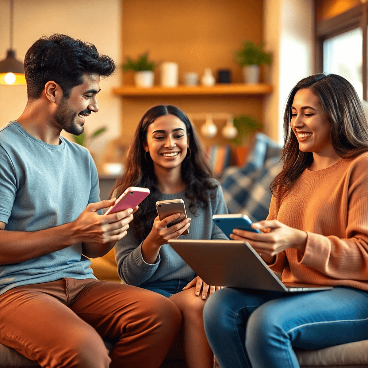 People happily engaging in face-to-face and virtual interactions using smartphones and laptops, symbolizing balance between real-world and digital ...