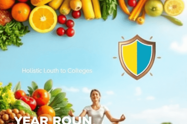 Holistic Approaches to Boosting Immunity Year-Round Person meditating outdoors surrounded by fresh fruits, vegetables, and an immunity shield symbol, depicting holistic health and year-round wellness.