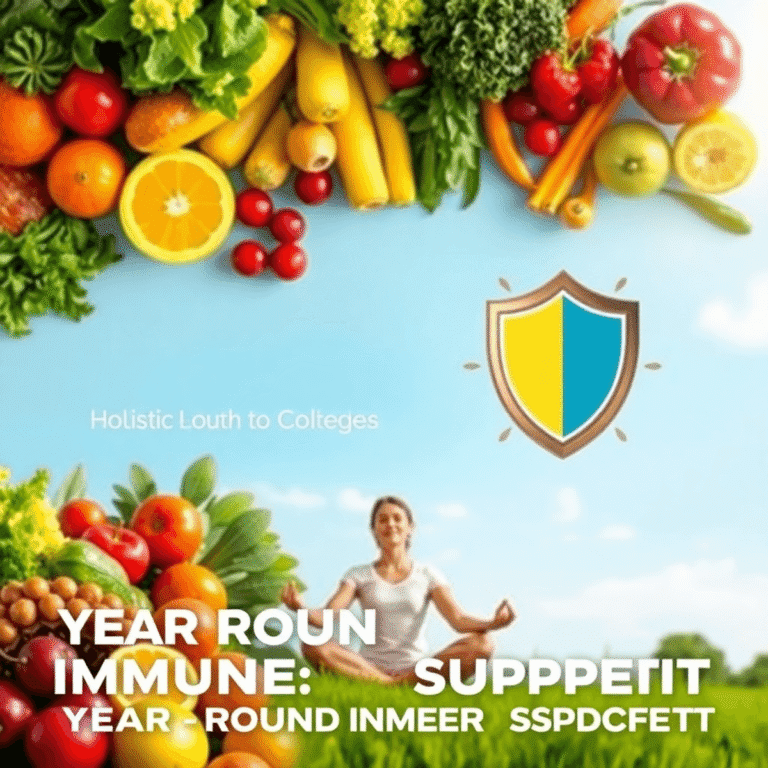 Person meditating outdoors surrounded by fresh fruits, vegetables, and an immunity shield symbol, depicting holistic health and year-round wellness.