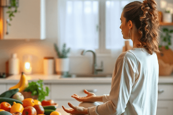 Navigating Food Cravings with Mindfulness Techniques Person meditating peacefully in a cozy kitchen with fresh fruits and vegetables on the counter, symbolizing mindfulness and self-care.