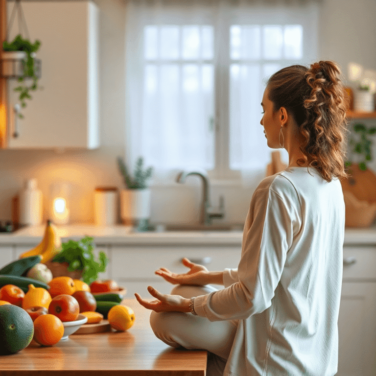 Person meditating peacefully in a cozy kitchen with fresh fruits and vegetables on the counter, symbolizing mindfulness and self-care.