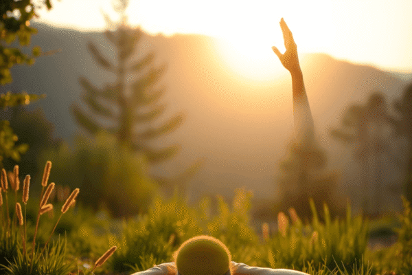 Understanding Somatic Therapy and Its Role in Trauma Recovery Person practicing yoga outdoors at sunrise, bathed in soft light, surrounded by nature, embodying calmness and tranquility.