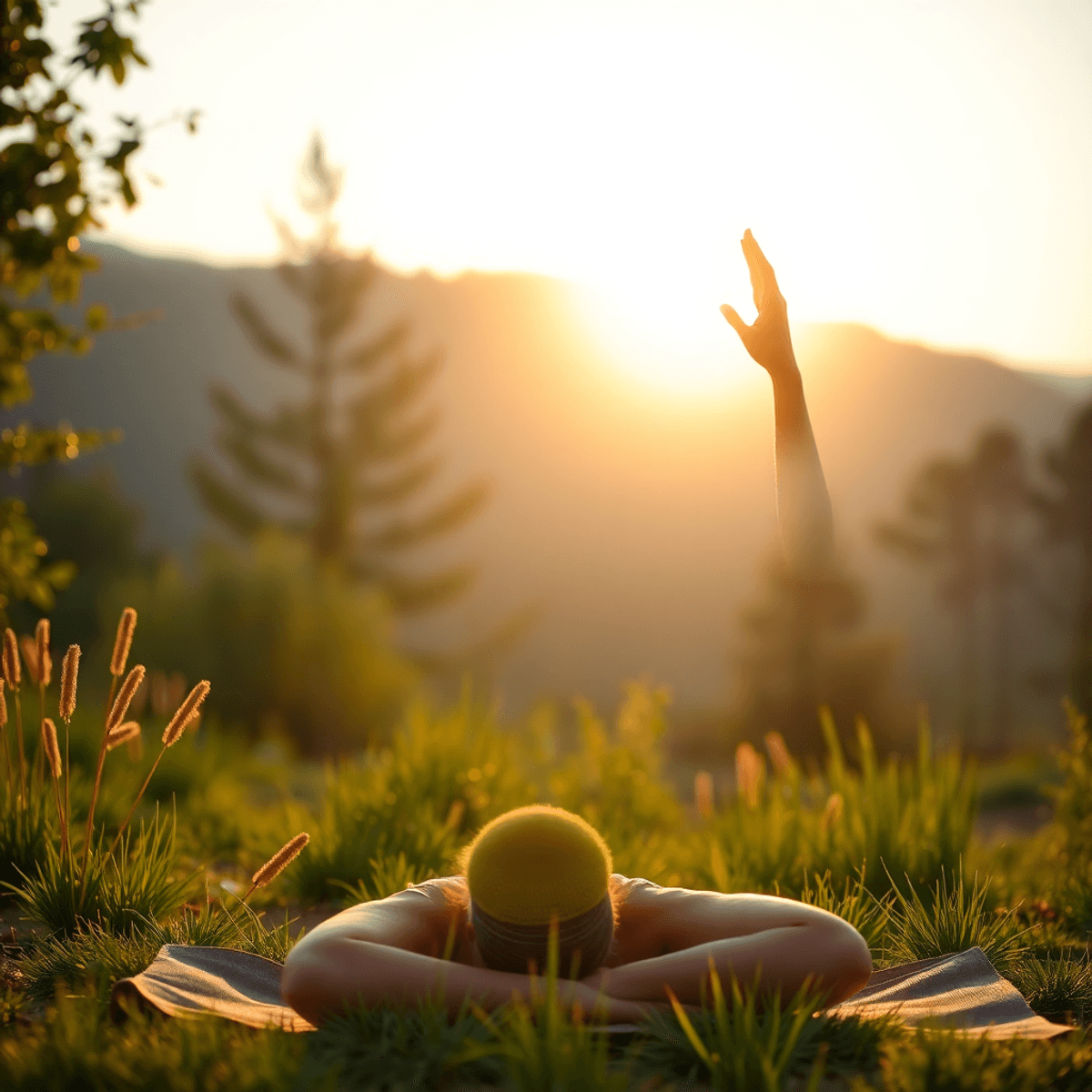 Person practicing yoga outdoors at sunrise, bathed in soft light, surrounded by nature, embodying calmness and tranquility.