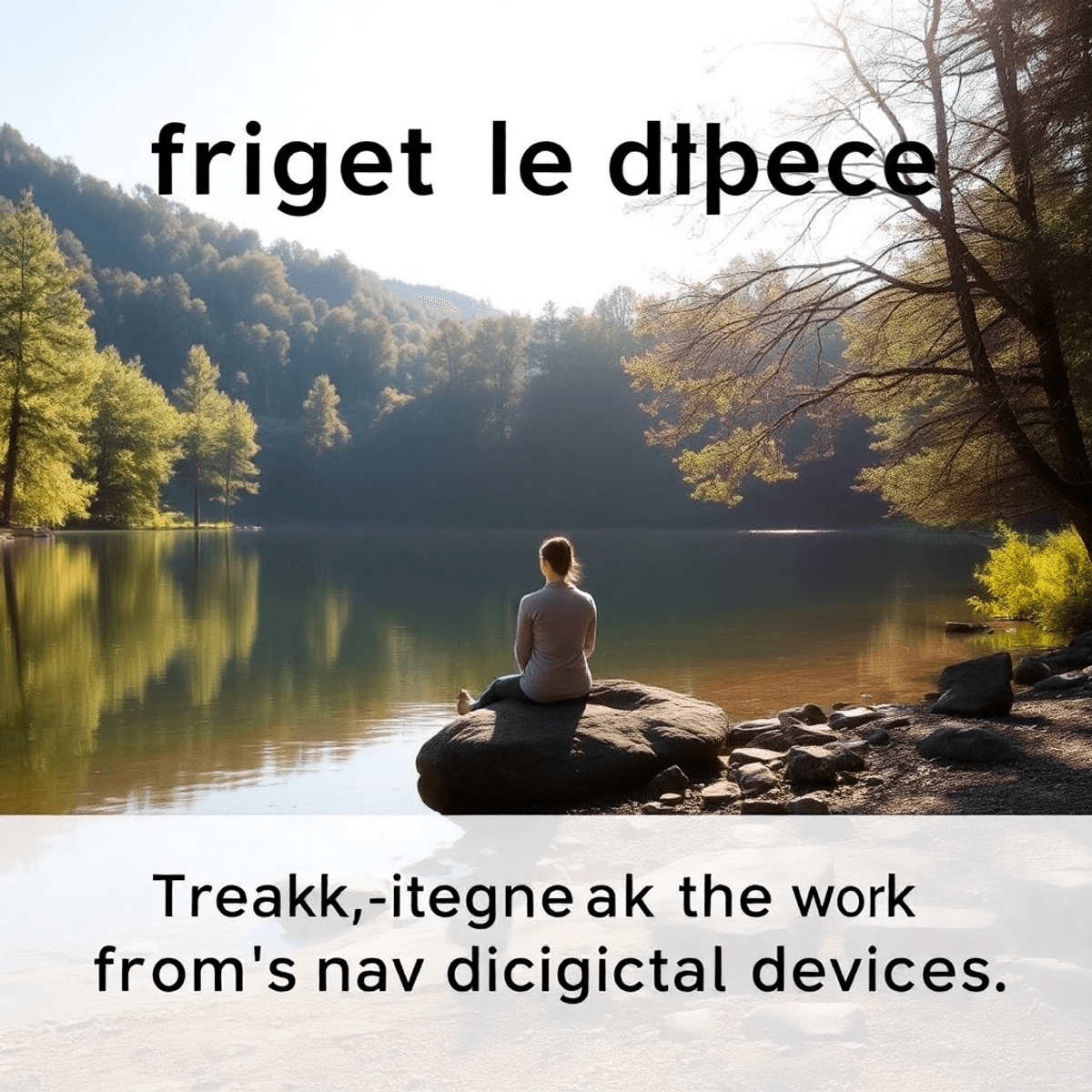 Person sitting on a rock by a calm lake surrounded by trees and soft sunlight, symbolizing tranquility and a break from digital devices.