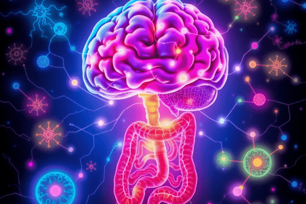 The Link Between Gut Health and Mood Disorders Explained Realistic illustration of a brain and digestive system linked by glowing neural pathways, surrounded by colorful gut microbiota and neurotransmitters.
