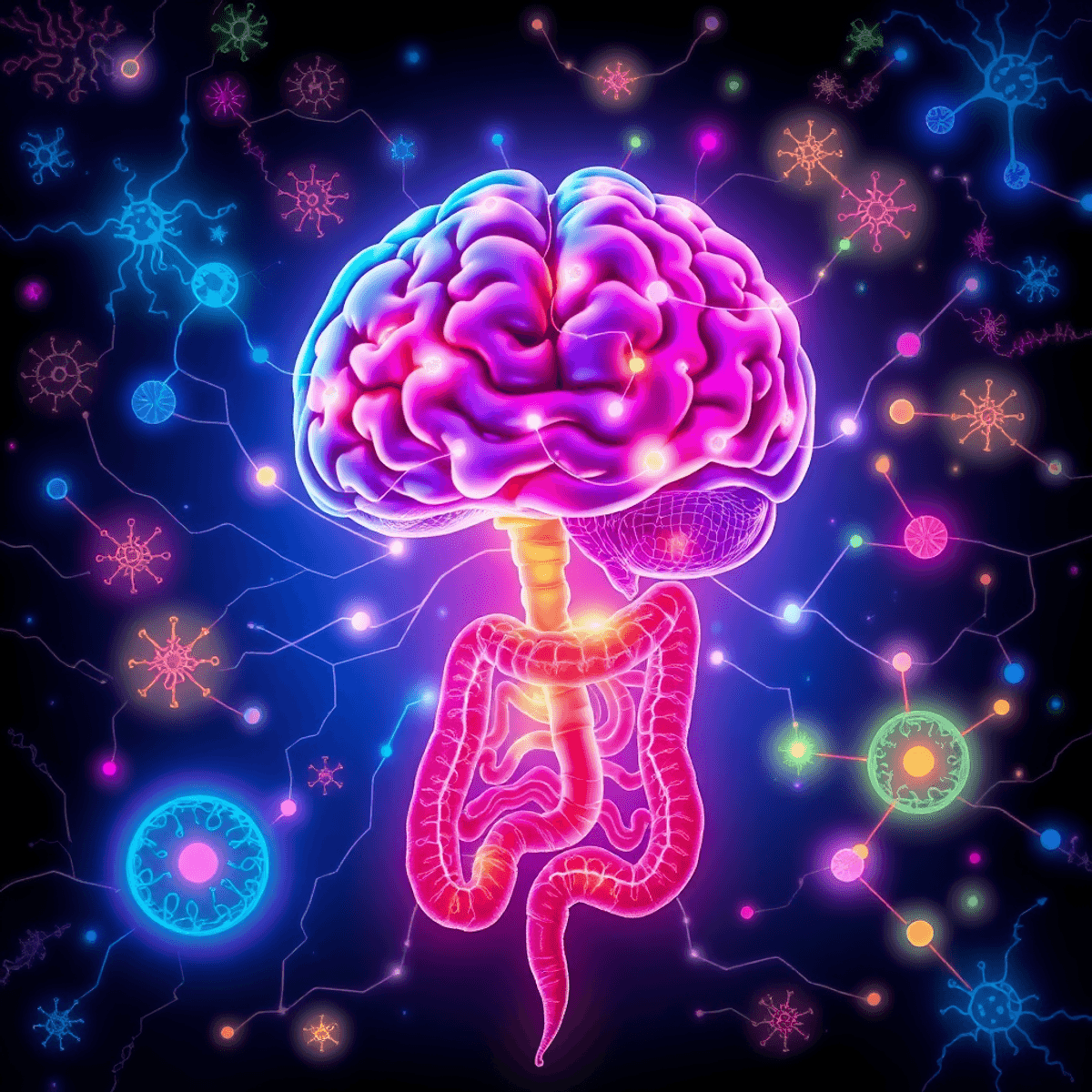 Realistic illustration of a brain and digestive system linked by glowing neural pathways, surrounded by colorful gut microbiota and neurotransmitters.
