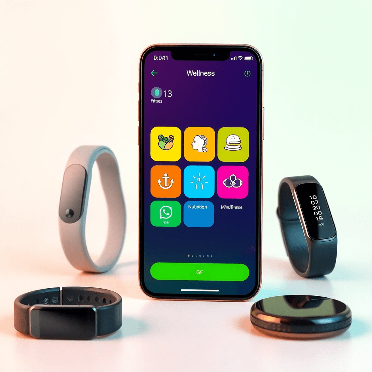 Smartphone showing a vibrant wellness app with fitness, nutrition, sleep, and mindfulness icons, surrounded by wearable devices on a bright backgro...