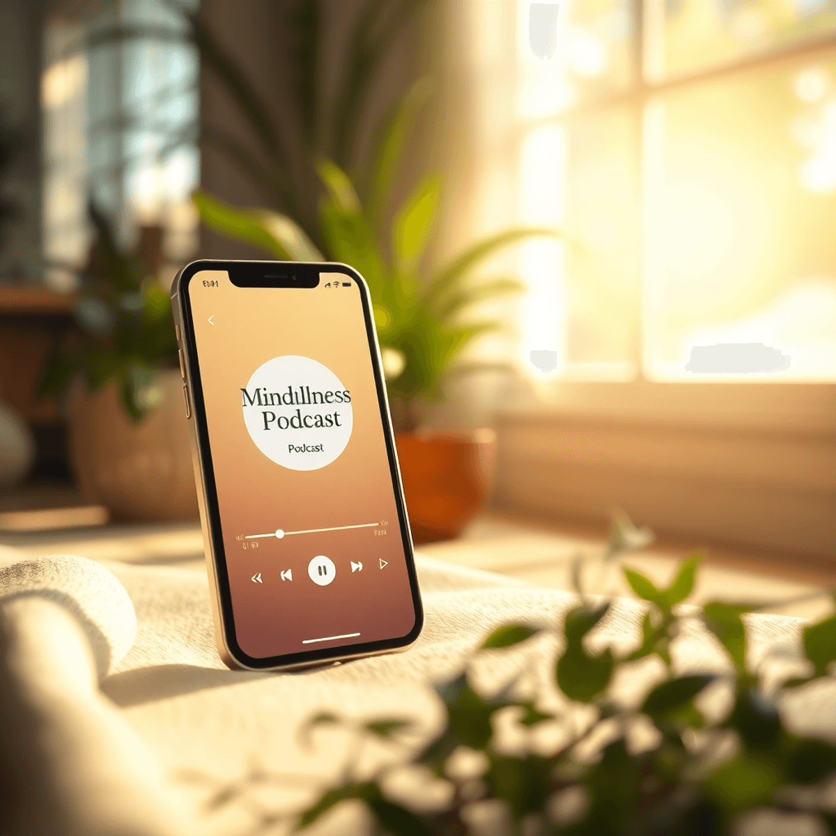 Smartphone showing mindfulness podcast app amid soft sunlight, green plants, and a peaceful indoor setting for relaxation and mental clarity.