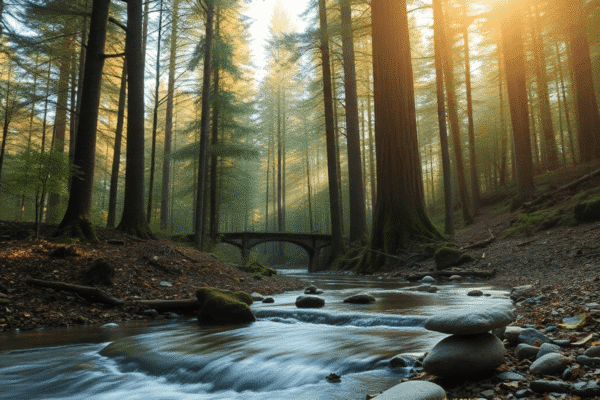 Nature-Inspired Meditation Techniques for Beginners Sunlight filters through tall trees in a serene forest with a gentle stream flowing nearby, surrounded by leaves and stones evoking calmness.