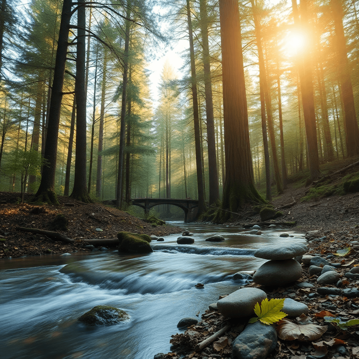 Sunlight filters through tall trees in a serene forest with a gentle stream flowing nearby, surrounded by leaves and stones evoking calmness.