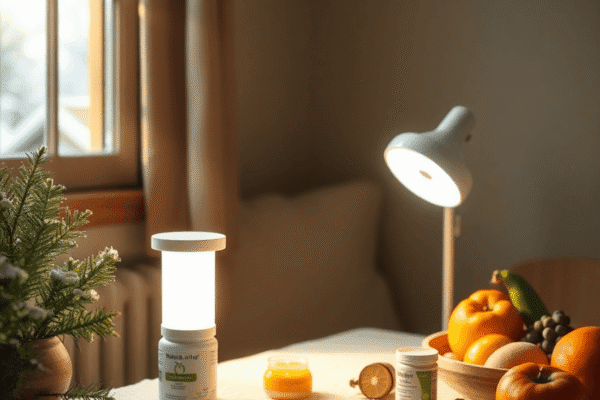 Seasonal Affective Disorder: Natural Ways to Beat the Winter Blues Sunlit cozy room with a light therapy lamp, vitamin D supplements, and fresh fruits and vegetables on a table, evoking warmth and natural healing.