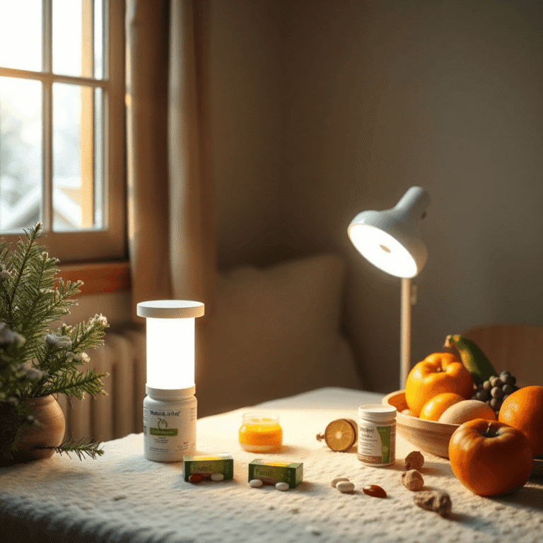 Sunlit cozy room with a light therapy lamp, vitamin D supplements, and fresh fruits and vegetables on a table, evoking warmth and natural healing.