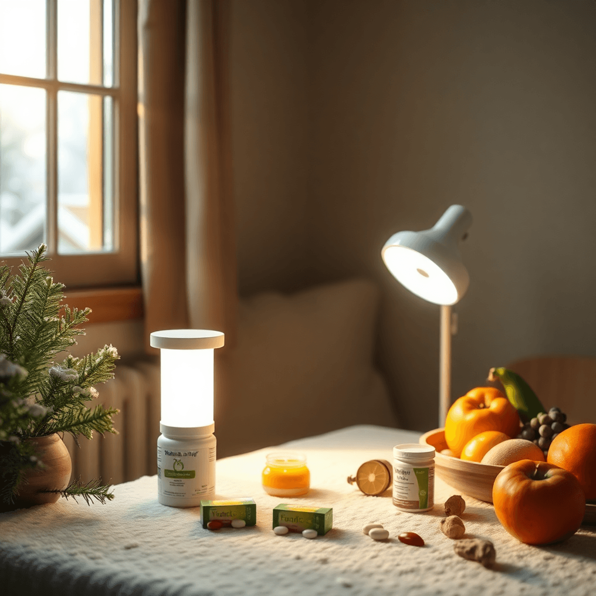 Sunlit cozy room with a light therapy lamp, vitamin D supplements, and fresh fruits and vegetables on a table, evoking warmth and natural healing.
