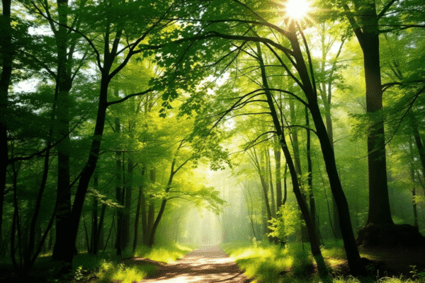 Forest Therapy Walks Near You: Finding Local Nature-Based Wellness Experiences Sunlit forest trail with lush green trees and soft rays filtering through leaves, creating a calm and peaceful atmosphere.
